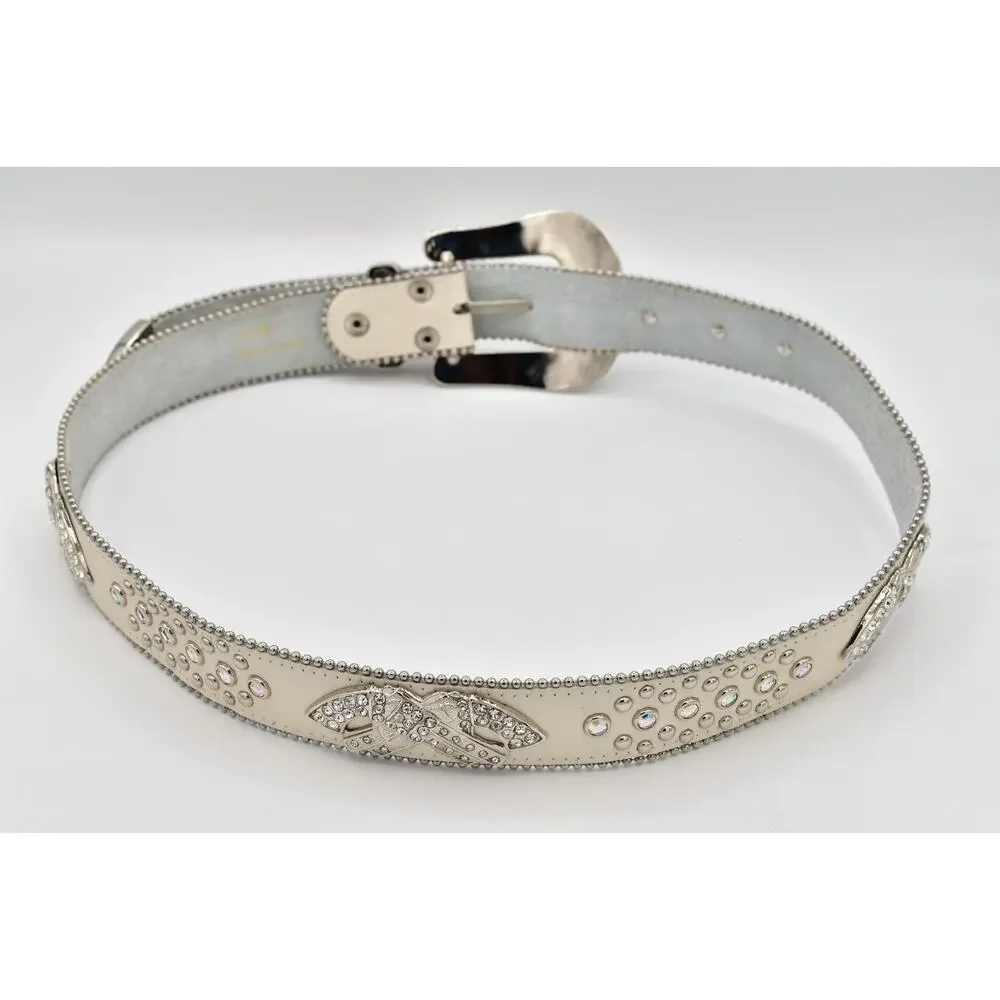Cream Genuine Leather Rhinestone Western Belt M/L Silver Studded Crystal Y2K
